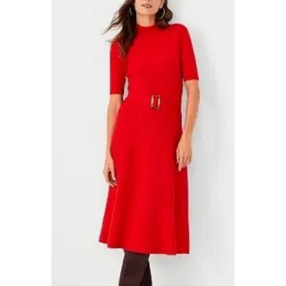 Ann Taylor Red Mock Neck Short Sleeve Knit Midi Dress With Belt Size XS